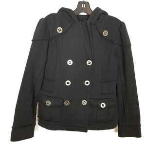 Sugarfly Women Double Breasted Hooded Jacket Sz S Black Short Pockets Ponte